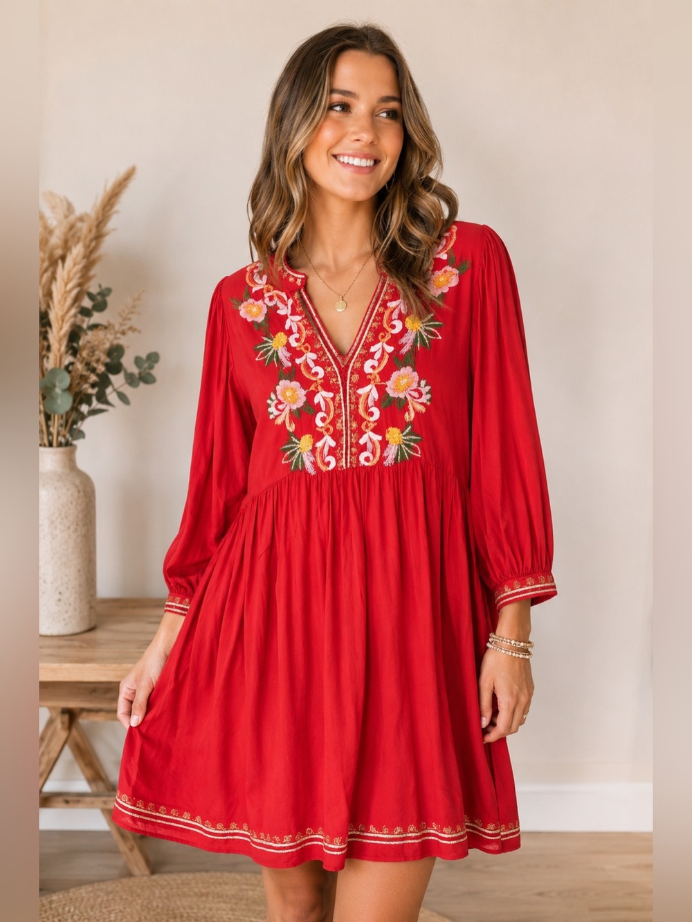 Solitaire Red Embroidered Boho Babydoll Dres